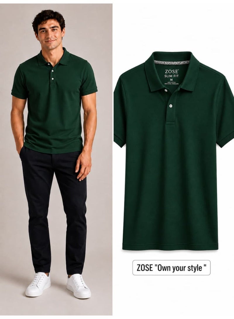 ZOSE Men's Slim Fit Dark Green Cotton Blend Polo T-Shirt - Image 1