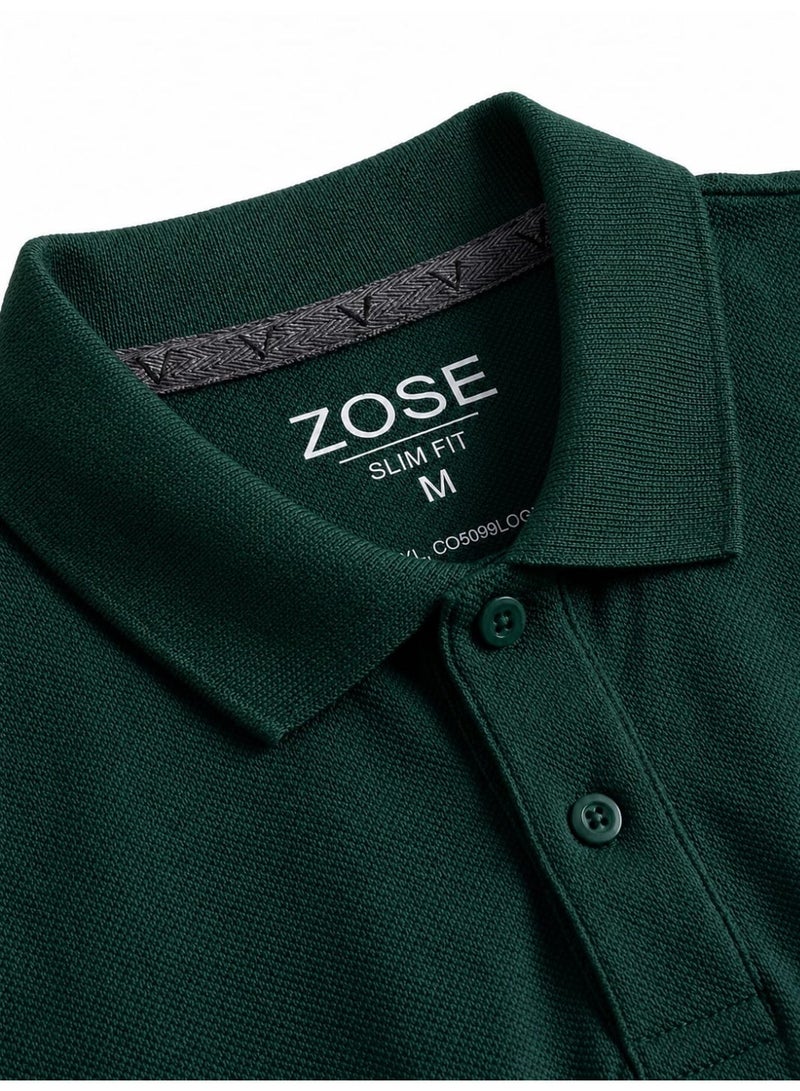 ZOSE Men's Slim Fit Dark Green Cotton Blend Polo T-Shirt - Image 3