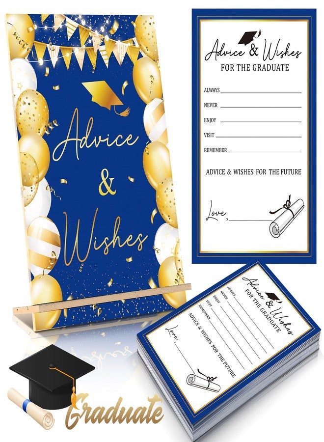Nezyo 51 Pcs Graduation Wishes and Cards 2025 Congrats Grad Party Decorations 50 Graduation Advice Cards 1 Advice and Wishes Wooden Sign for Graduate Congrats Grad Gift Supplies(Blue Gold) - Image 1