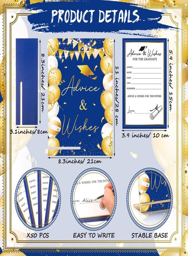 Nezyo 51 Pcs Graduation Wishes and Cards 2025 Congrats Grad Party Decorations 50 Graduation Advice Cards 1 Advice and Wishes Wooden Sign for Graduate Congrats Grad Gift Supplies(Blue Gold) - Image 3