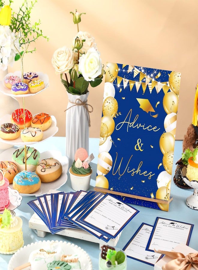 Nezyo 51 Pcs Graduation Wishes and Cards 2025 Congrats Grad Party Decorations 50 Graduation Advice Cards 1 Advice and Wishes Wooden Sign for Graduate Congrats Grad Gift Supplies(Blue Gold) - Image 2