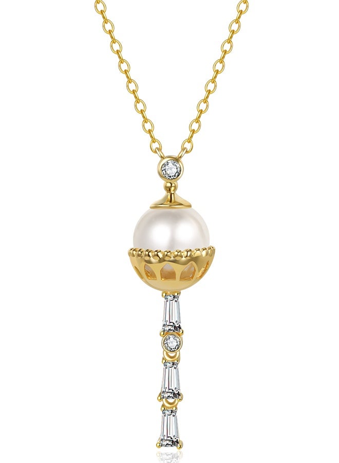 Moonmory 925 Sterling Silver Necklace, 18K Gold-Plated, Cadmium/Nickel/Lead-Free Hypoallergenic, Mosque Dome & Column-Inspired Design with White Pearl and Baguette Stones, 50cm Adjustable - Image 1