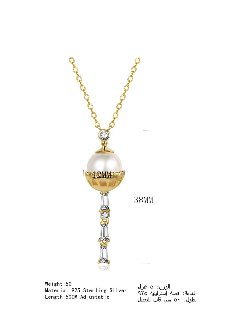 Moonmory 925 Sterling Silver Necklace, 18K Gold-Plated, Cadmium/Nickel/Lead-Free Hypoallergenic, Mosque Dome & Column-Inspired Design with White Pearl and Baguette Stones, 50cm Adjustable - Image 2
