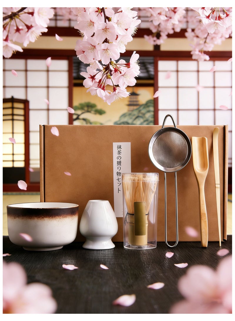 GuRiver 6 Piece Matcha Tea Set Matcha Whisk Kit Matcha Ceramic Bowl Matcha Whisk, White Whisk Holder Stainless Steel Tea Sifter Traditional Scoop Perfect Set to a Traditional of Matcha Tool - Image 1