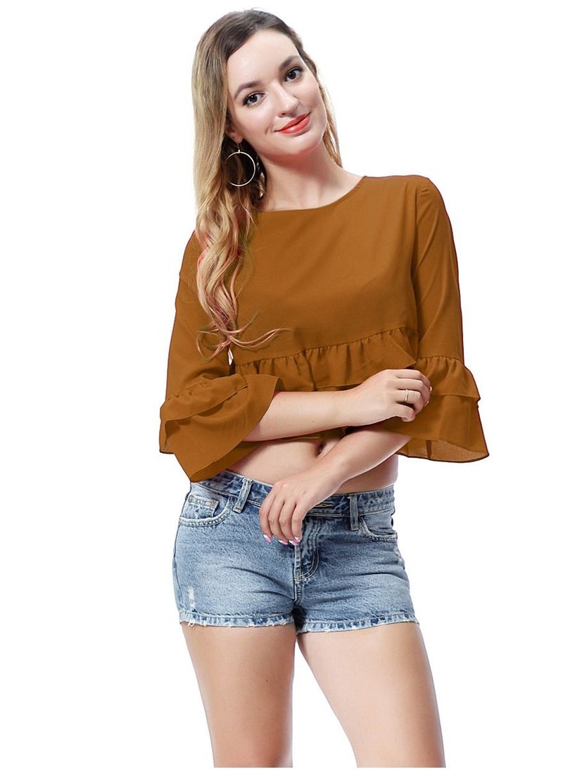 إسكدنيا - Women's Solid Color Round Neck Top Loose Ruffled Blouse Camel - Image 1