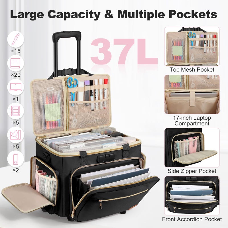 Housolution Rolling Teacher Bag with Wheels, Fits for 17" Laptop, Teacher Tote Bag with Detachable Trolley, Laptop Work Case with Anti Theft Lock, Briefcase Cart with Accordion File Organizer, Black - Image 3