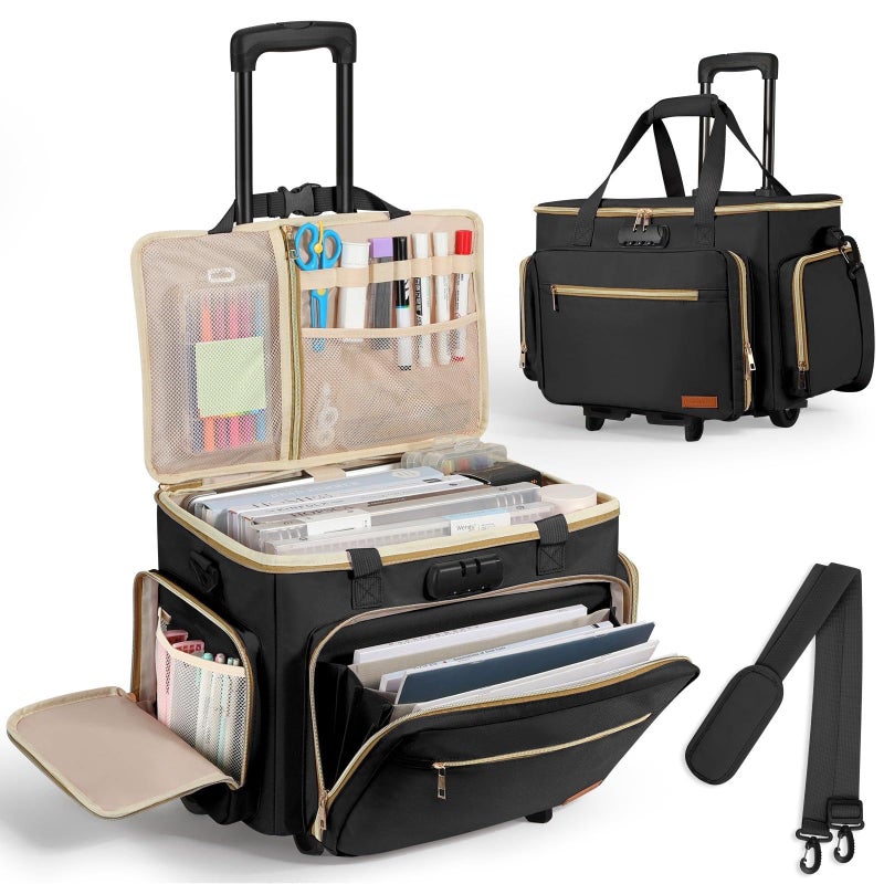 Housolution Rolling Teacher Bag with Wheels, Fits for 17" Laptop, Teacher Tote Bag with Detachable Trolley, Laptop Work Case with Anti Theft Lock, Briefcase Cart with Accordion File Organizer, Black - Image 1