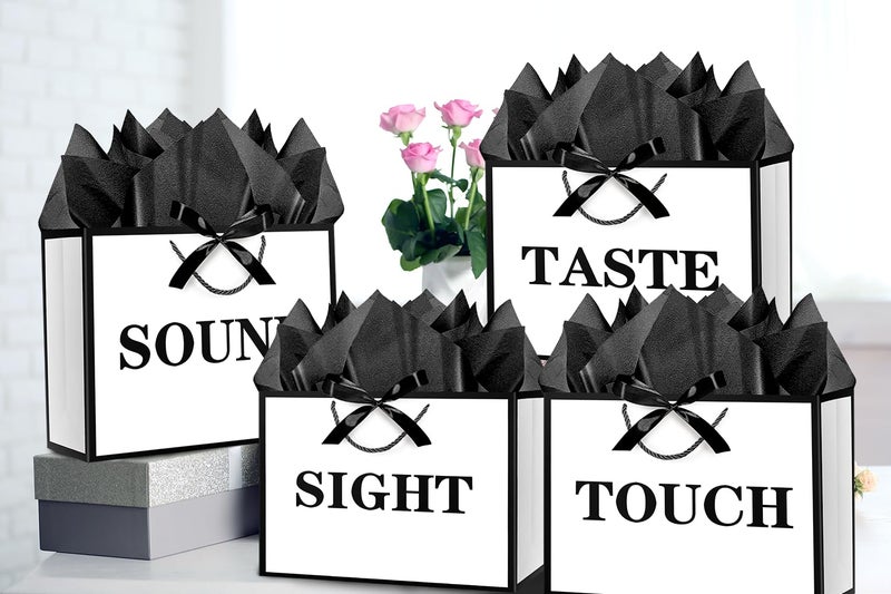 JWSCYSY 11" Medium 5 Senses Gift Bags with Tissue Papers and Ribbons for Men, Women, Him Her Birthday, Anniversary, Wedding, Valentine's Day (White Black) - Image 4