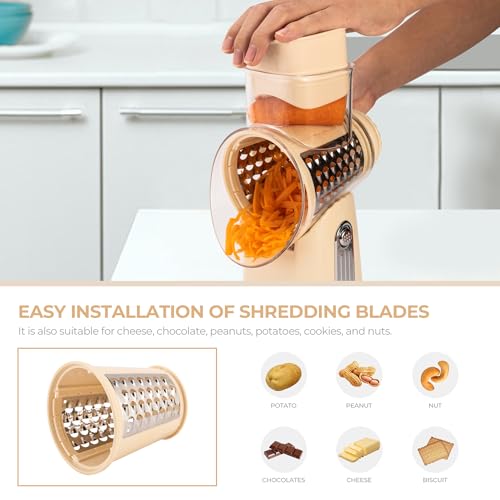 SUSTEAS Rotary Cheese Grater with Handle - Vegetable Shredder with 5 Well-designed Blades & Strong Suction Base,Round Mandoline Slicer & Food Chopper for Kitchen,with Blade Storage Box(Beige) - Image 5
