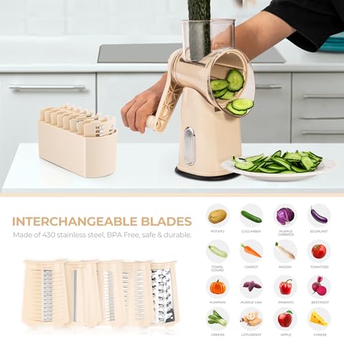 SUSTEAS Rotary Cheese Grater with Handle - Vegetable Shredder with 5 Well-designed Blades & Strong Suction Base,Round Mandoline Slicer & Food Chopper for Kitchen,with Blade Storage Box(Beige) - Image 3