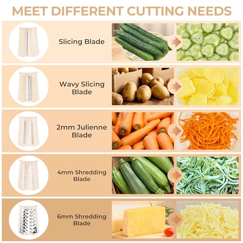 SUSTEAS Rotary Cheese Grater with Handle - Vegetable Shredder with 5 Well-designed Blades & Strong Suction Base,Round Mandoline Slicer & Food Chopper for Kitchen,with Blade Storage Box(Beige) - Image 4