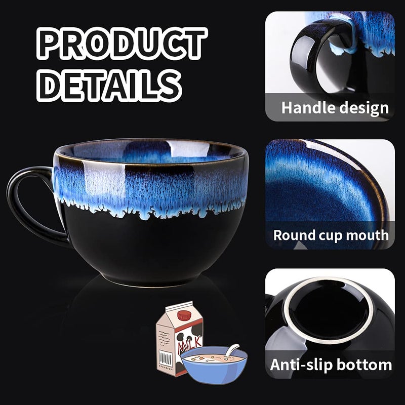 KOOV Ceramic Soup Mug, Soup Bowls with Handles Microwave Safe, 24 Ounce Jumbo Mug and Cereal Mugs Set of 4, Reactive Glaze (Nebula Blue) - Image 2