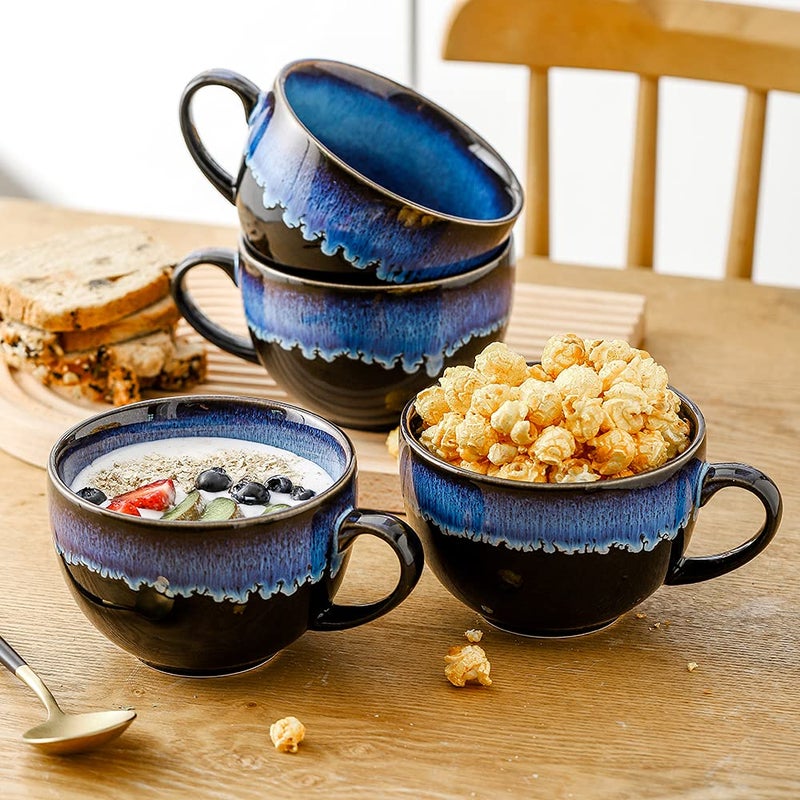 KOOV Ceramic Soup Mug, Soup Bowls with Handles Microwave Safe, 24 Ounce Jumbo Mug and Cereal Mugs Set of 4, Reactive Glaze (Nebula Blue) - Image 4