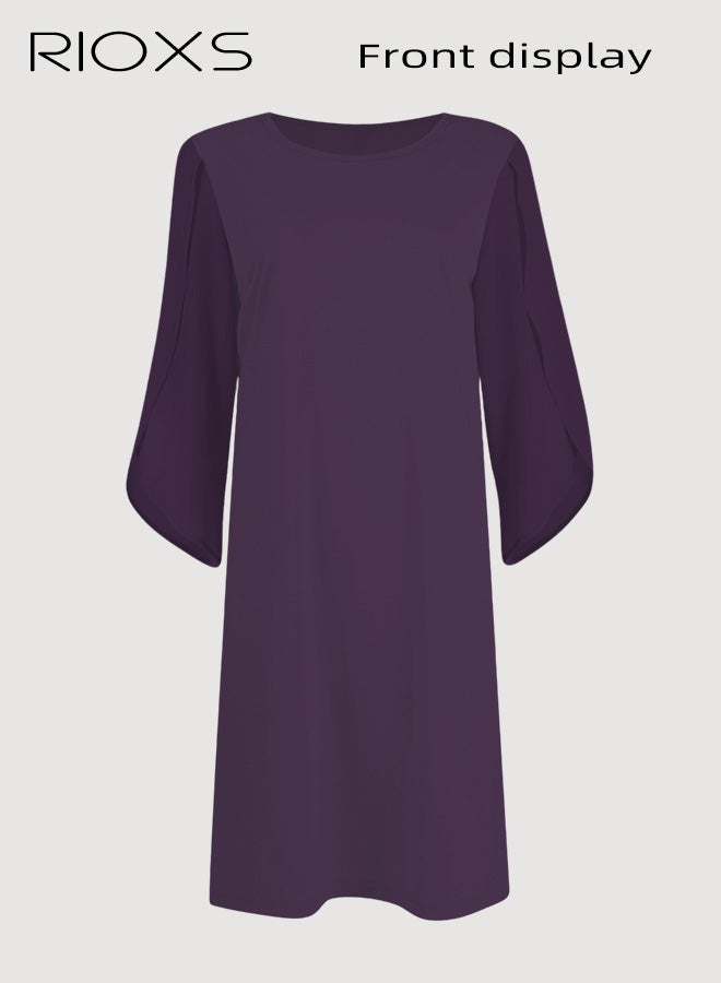 ريوكس فستان قصير بياقة مستديرة وأكمام 3/4 بتصميم بتلات، فستان حفلات قصير وواسع بقصّة A للسيدات، فستان صيفي غير رسمي قابل للتنفس، فستان شيفون أنيق بأكمام متطايرة، مناسب لحفلات الزفاف والحفلات والمواعيد الغرامية والتسوق والمكتب والمزيد، لون أرجواني - Image 4