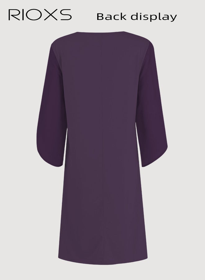 ريوكس فستان قصير بياقة مستديرة وأكمام 3/4 بتصميم بتلات، فستان حفلات قصير وواسع بقصّة A للسيدات، فستان صيفي غير رسمي قابل للتنفس، فستان شيفون أنيق بأكمام متطايرة، مناسب لحفلات الزفاف والحفلات والمواعيد الغرامية والتسوق والمكتب والمزيد، لون أرجواني - Image 5