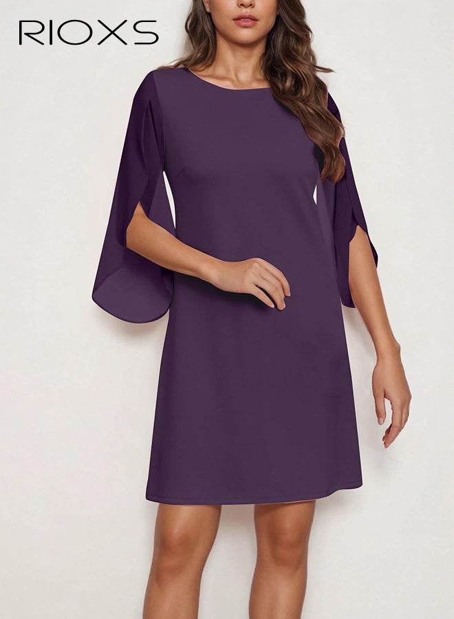 ريوكس فستان قصير بياقة مستديرة وأكمام 3/4 بتصميم بتلات، فستان حفلات قصير وواسع بقصّة A للسيدات، فستان صيفي غير رسمي قابل للتنفس، فستان شيفون أنيق بأكمام متطايرة، مناسب لحفلات الزفاف والحفلات والمواعيد الغرامية والتسوق والمكتب والمزيد، لون أرجواني - Image 3