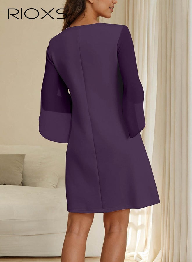 ريوكس فستان قصير بياقة مستديرة وأكمام 3/4 بتصميم بتلات، فستان حفلات قصير وواسع بقصّة A للسيدات، فستان صيفي غير رسمي قابل للتنفس، فستان شيفون أنيق بأكمام متطايرة، مناسب لحفلات الزفاف والحفلات والمواعيد الغرامية والتسوق والمكتب والمزيد، لون أرجواني - Image 2