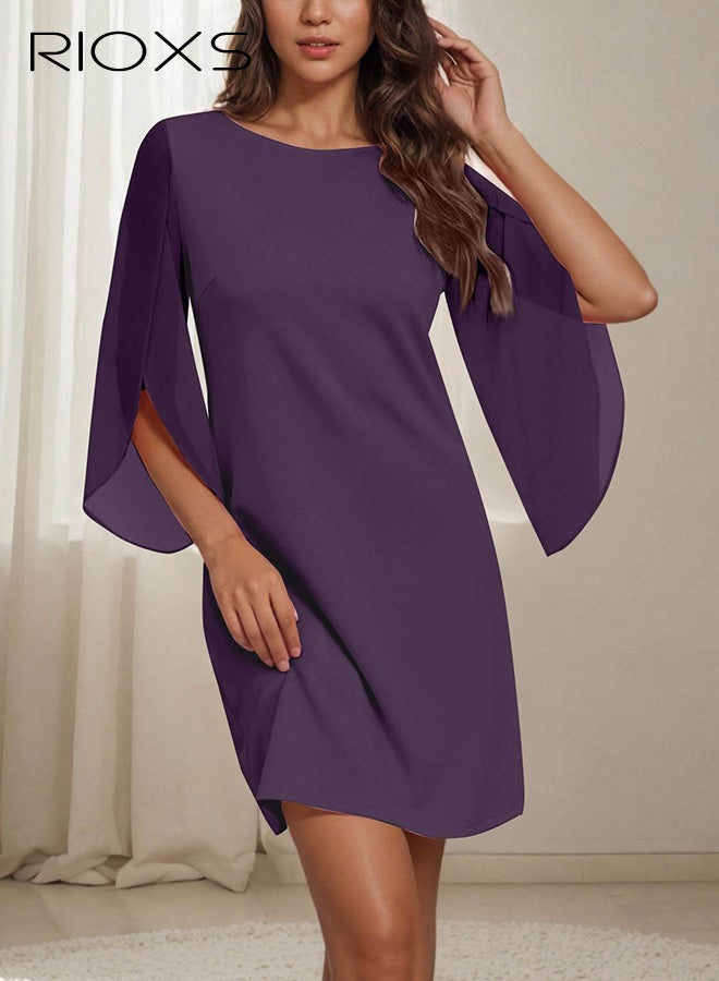 ريوكس فستان قصير بياقة مستديرة وأكمام 3/4 بتصميم بتلات، فستان حفلات قصير وواسع بقصّة A للسيدات، فستان صيفي غير رسمي قابل للتنفس، فستان شيفون أنيق بأكمام متطايرة، مناسب لحفلات الزفاف والحفلات والمواعيد الغرامية والتسوق والمكتب والمزيد، لون أرجواني - Image 1