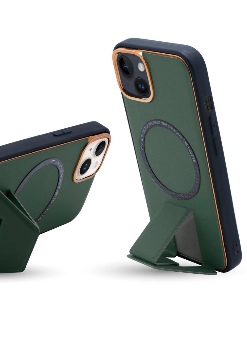 OLYNO - MagnaLux iPhone 14 Luxury Leather Back Case Cover With MagSafe Wireless Charging And Kickstand Green Color - Image 1