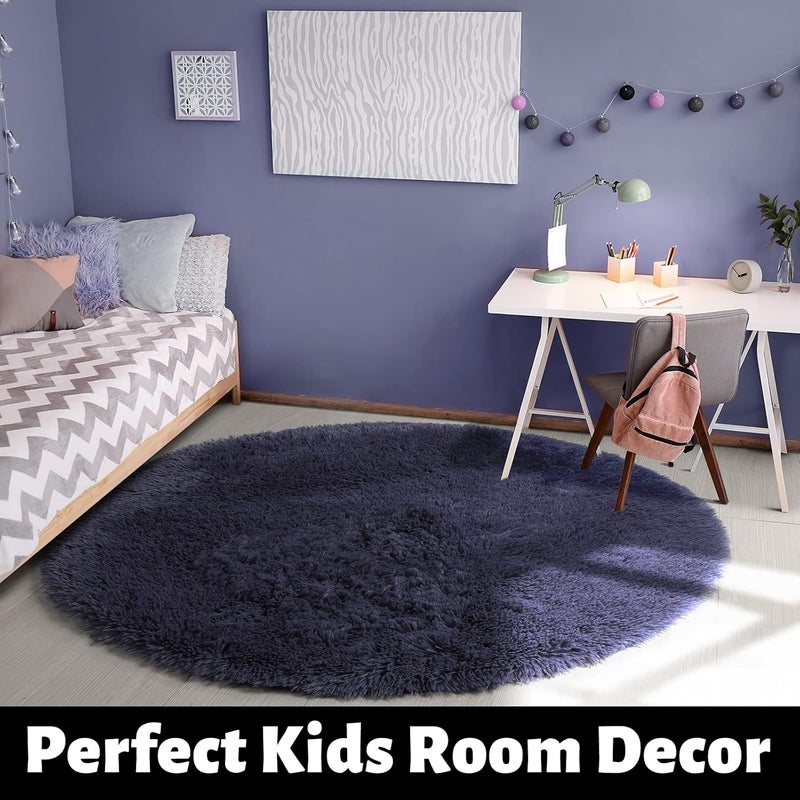 Amdrebio Purple Gray Rug for Bedroom,Fluffy Circle Rug 5'X5' for Kids Room,Furry Carpet for Teen's Room,Shaggy Circular Rug for Nursery Room,Fuzzy Plush Rug for Dorm,Grey Carpet,Cute Room Decor for Baby - Image 3
