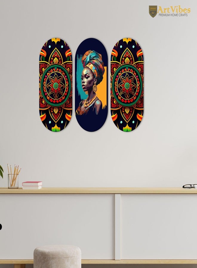 آرتفيب لوحة جدارية خشبية مزخرفة من خشب MDF بنمط سيدة أفريقية وماندالا من Artvibes للمنزل | ديكور غرفة | فن مصنوع يدويًا | ديكور خشبي أنيق | أعمال فنية معلقة | هدايا مثالية (WH_9017N)، مجموعة من 3 قطع - Image 2