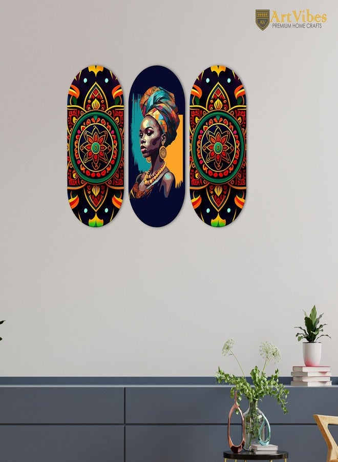 آرتفيب لوحة جدارية خشبية مزخرفة من خشب MDF بنمط سيدة أفريقية وماندالا من Artvibes للمنزل | ديكور غرفة | فن مصنوع يدويًا | ديكور خشبي أنيق | أعمال فنية معلقة | هدايا مثالية (WH_9017N)، مجموعة من 3 قطع - Image 4