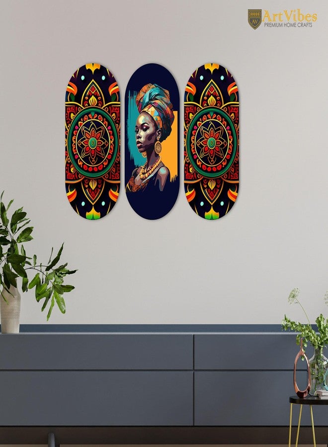آرتفيب لوحة جدارية خشبية مزخرفة من خشب MDF بنمط سيدة أفريقية وماندالا من Artvibes للمنزل | ديكور غرفة | فن مصنوع يدويًا | ديكور خشبي أنيق | أعمال فنية معلقة | هدايا مثالية (WH_9017N)، مجموعة من 3 قطع - Image 3