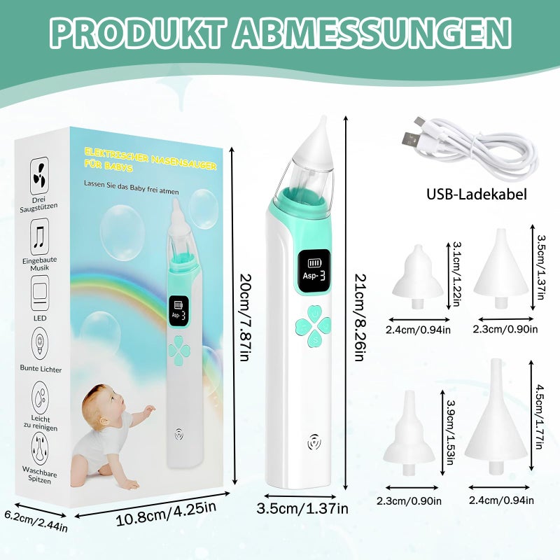 Tccydm Baby Electric Nasal Aspirator, 3 Suction Levels & 4 Silicone Tips, with Music Function, IPX6 Waterproof, Rechargeable, LCD Display for Newborns, Small Children, Infants - Image 2