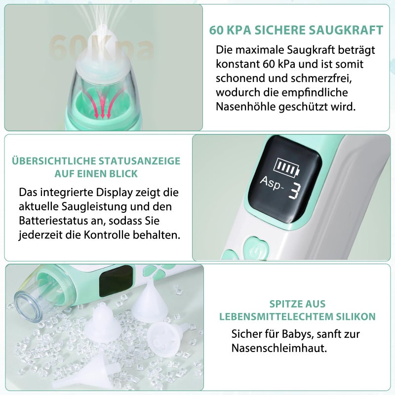 Tccydm Baby Electric Nasal Aspirator, 3 Suction Levels & 4 Silicone Tips, with Music Function, IPX6 Waterproof, Rechargeable, LCD Display for Newborns, Small Children, Infants - Image 3