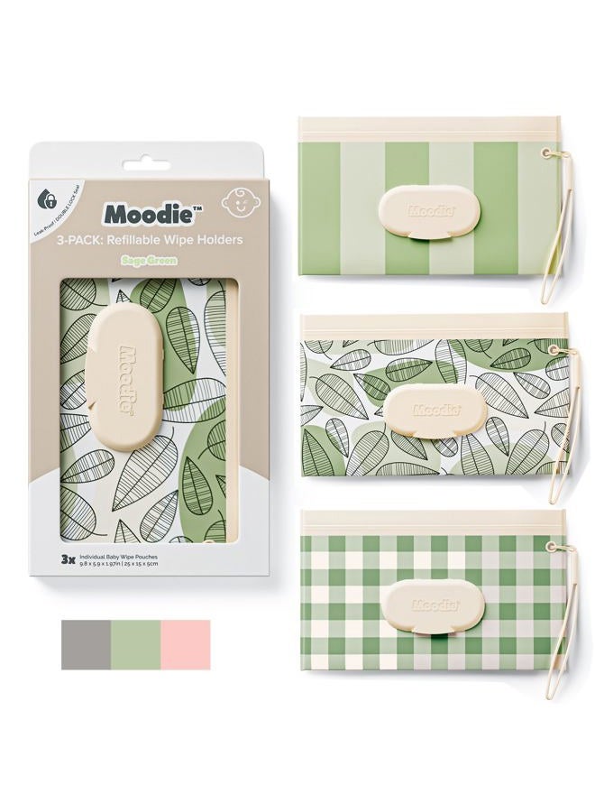 moodie NEW 3 PACK Baby Wipes Holder | Refillable Wipes Container w/ DOUBLE-LOCK SEAL |Travel Wipe Case | Portable Wipe Dispenser for Diaper Bag w Silicone Strap | Reusable Wipes Pouch (SAGE GREEN) - Image 1
