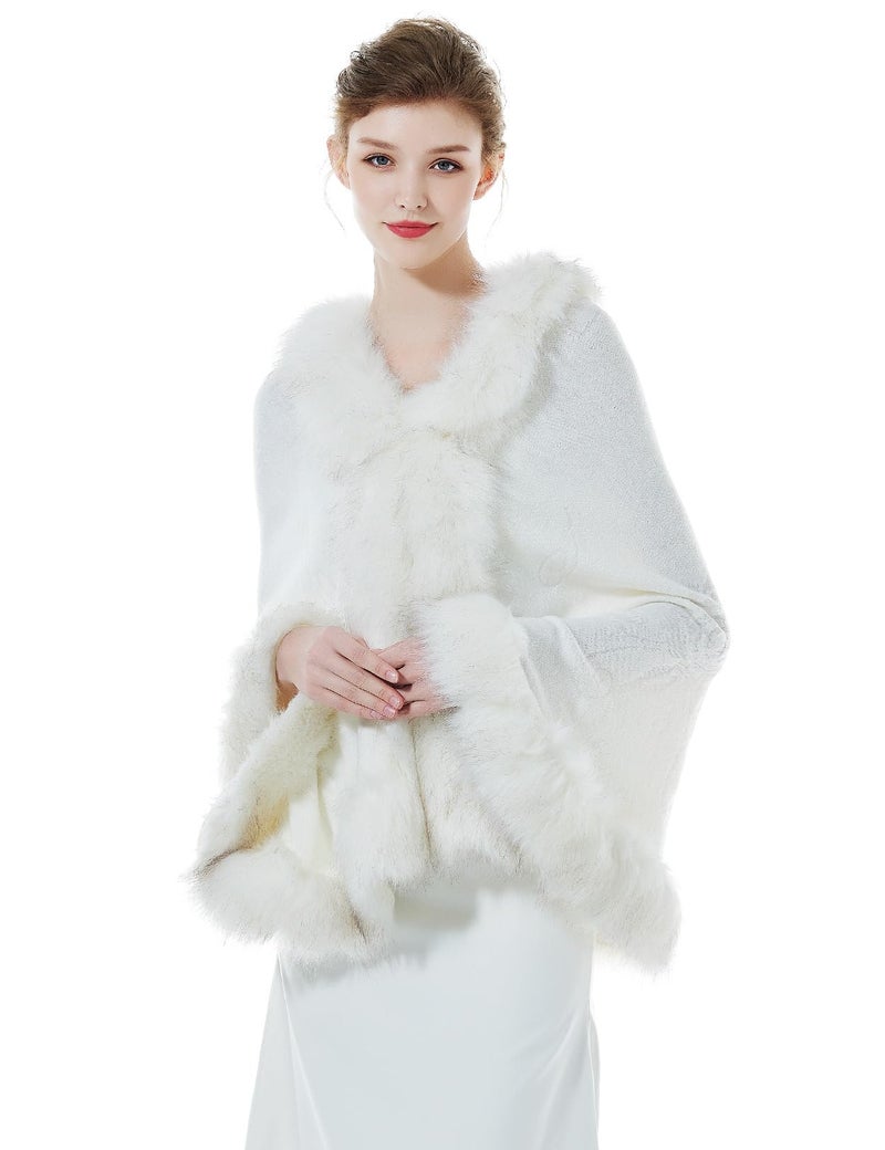 BEAUTELICATE Faux Fur Shawl Wrap Stole Shrug Bridal Winter Wedding with Hook - Image 1