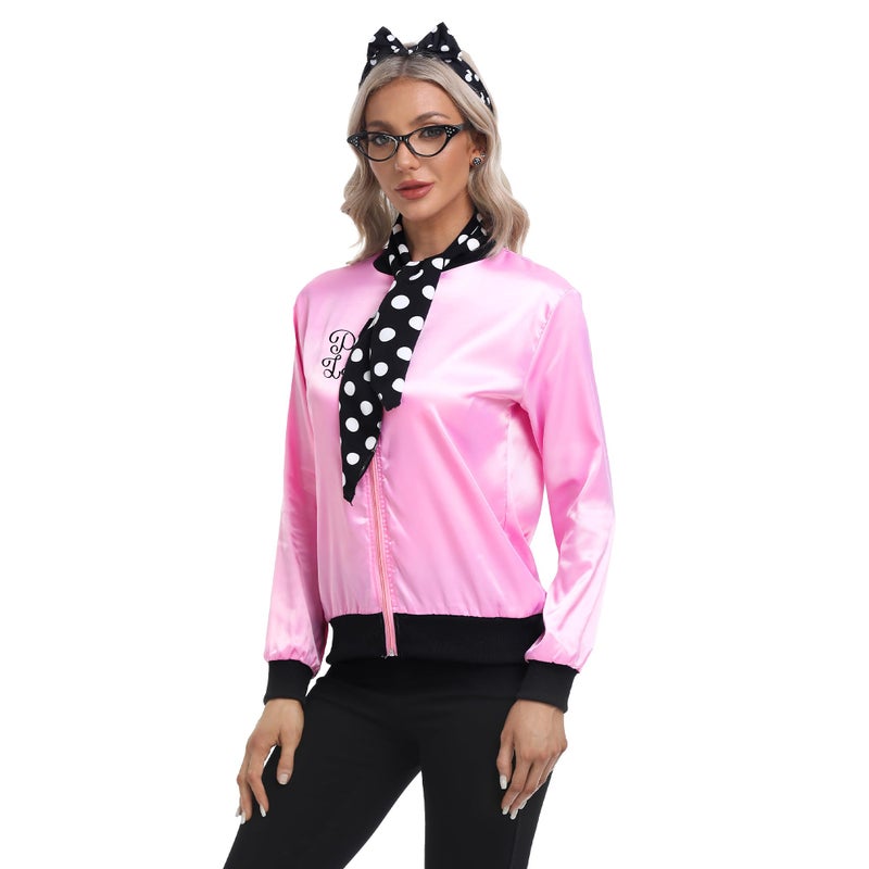 SOMSOC 5 Pieces 1950s Women Pink Satin Jacket with Polka Dot Scarf Headband Earrings Eye Glasses Halloween Party Costume Set - Image 5