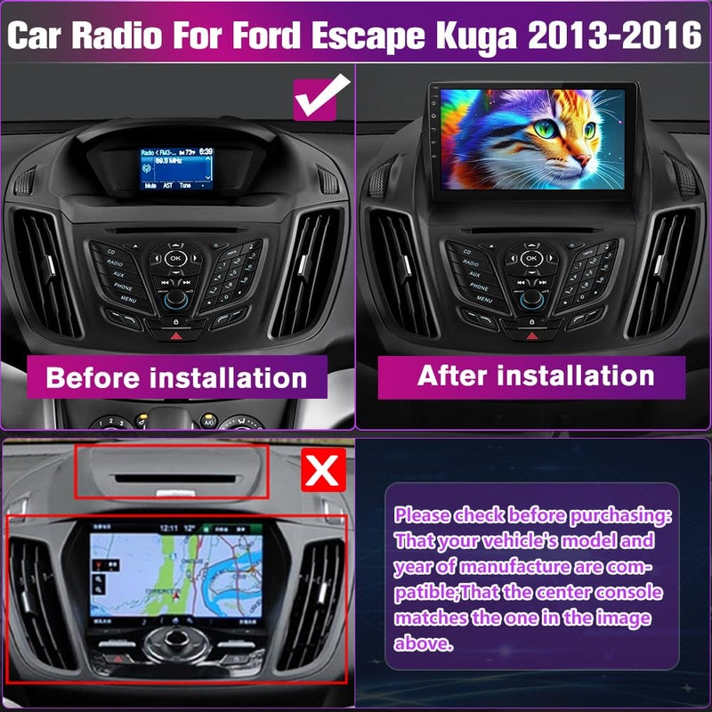 Pyniro Car Radio Stereo Upgrade for Ford Escape Kuga 2013-2016, Android Head Unit with 9 Inch Touch Screen/Backup Camera/Wireless CarPlay & Android Auto/Mirroring/WiFi/Bluetooth/SWC - Image 2