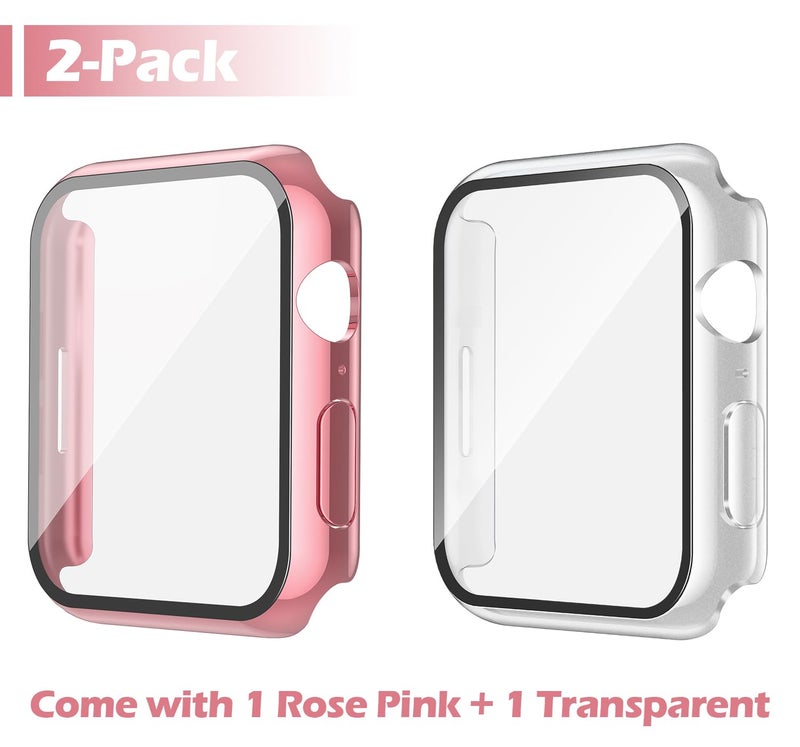 Misxi [2 Pack] for Apple Watch SE 2 (2024) SE Series 6 Series 5 Series 4 44mm Waterproof Anti-Scratch Case with Button, Tempered Glass Screen Protector Cover for iWatch, 1 Rose Pink + 1 Transparent - Image 2