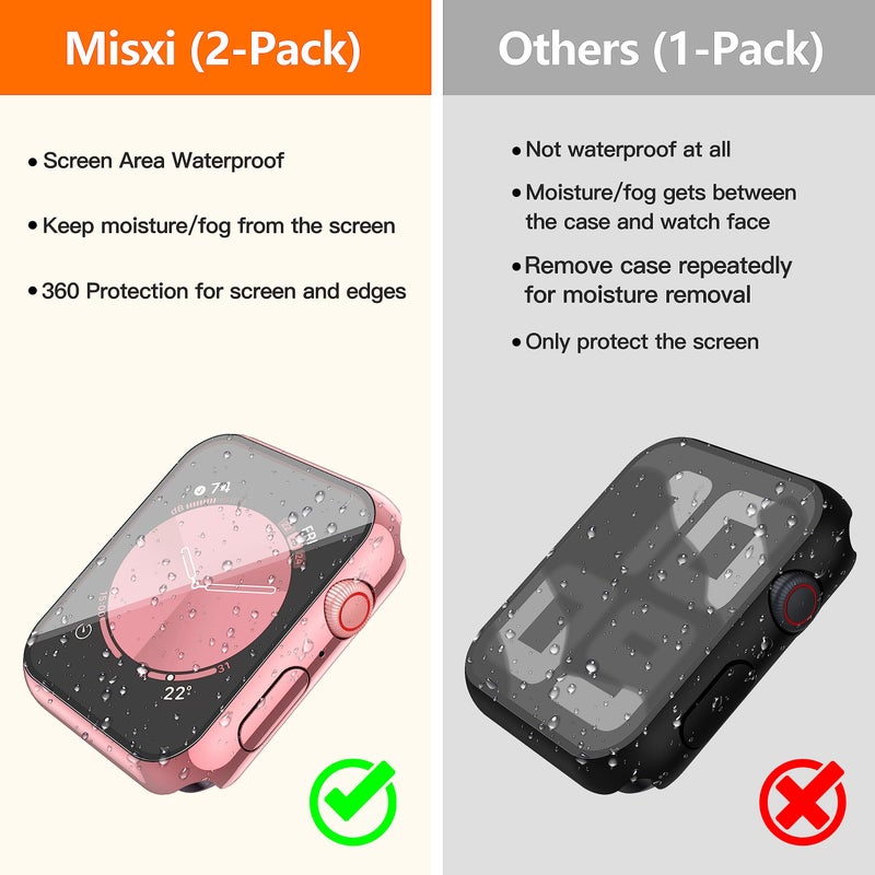 Misxi [2 Pack] for Apple Watch SE 2 (2024) SE Series 6 Series 5 Series 4 44mm Waterproof Anti-Scratch Case with Button, Tempered Glass Screen Protector Cover for iWatch, 1 Rose Pink + 1 Transparent - Image 3