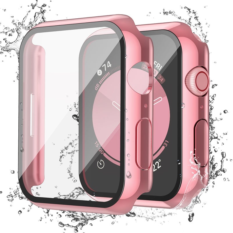 Misxi [2 Pack] for Apple Watch SE 2 (2024) SE Series 6 Series 5 Series 4 44mm Waterproof Anti-Scratch Case with Button, Tempered Glass Screen Protector Cover for iWatch, 1 Rose Pink + 1 Transparent - Image 1
