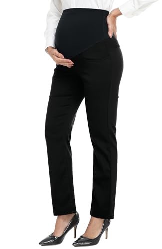 PACBREEZE Women's Maternity Pants for Work Over-Bump Pregnancy Casual Stretchy Straight Dress Pants with Pockets(Update Black, Small) - Image 1