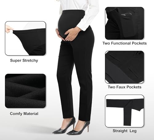 PACBREEZE Women's Maternity Pants for Work Over-Bump Pregnancy Casual Stretchy Straight Dress Pants with Pockets(Update Black, Small) - Image 2