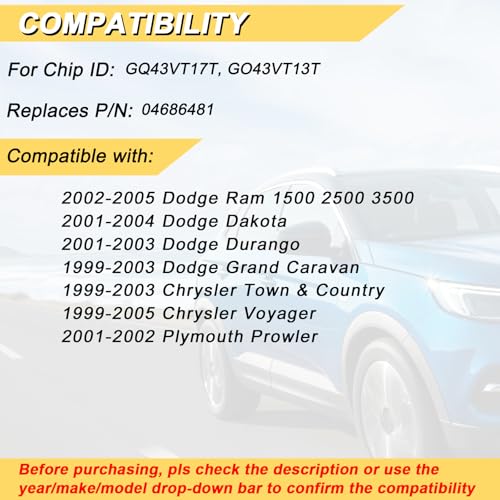 Vurkcy Key Fob Replacement for 2002-2005 Dodge Ram 1500 2500 3500/01-04 Dakota/ 01-03 Durango/ 99-03 Grand Caravan Town & Country/ 99-05 Voyager/ 01-02 Prowler, GQ43VT17T GO43VT13T, 3 Btn, 2Pcs - Image 2