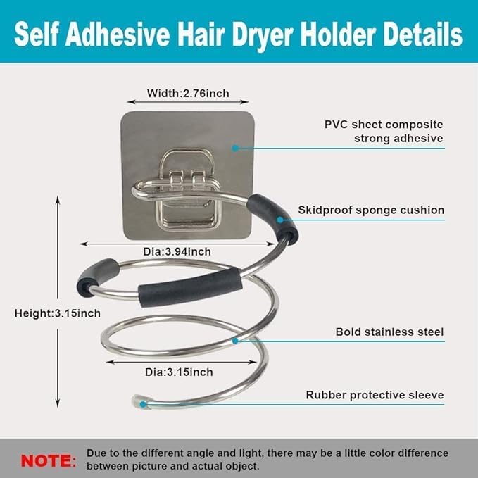 FLAVION Wall Mounted Hair Dryer Holder – Stainless Steel Spiral Stand with Adhesive Backing – No-Drill Bathroom Organizer Rack for Hairdryer Storage – Space Saving Hair Tool Holder (SILVER, PACK OF 1) - Image 2