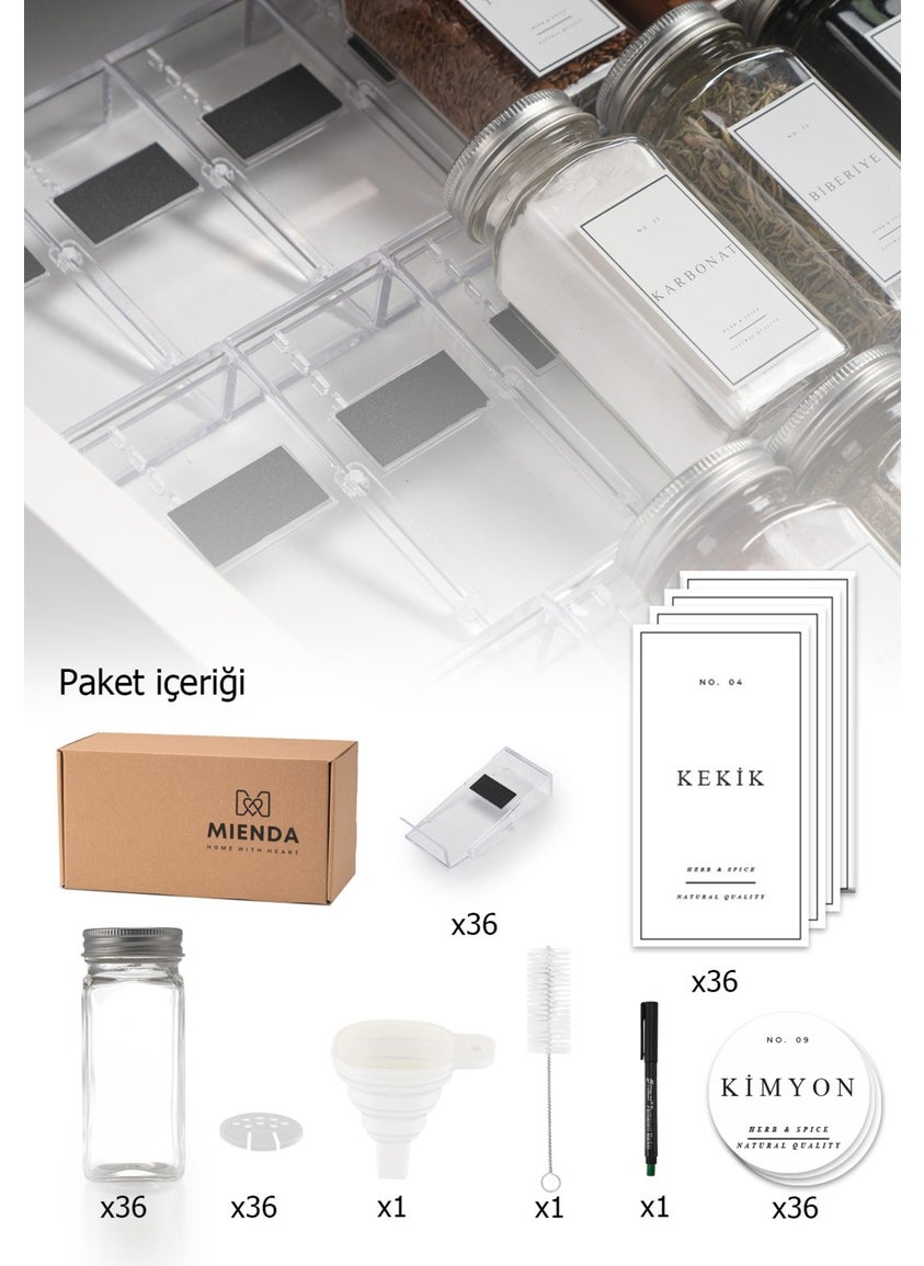 Mienda Home - 36 Piece Transparent Plexiglass Stand Glass Lid Spice Jar Set with Label Brush Funnel Pen Gift - Image 1