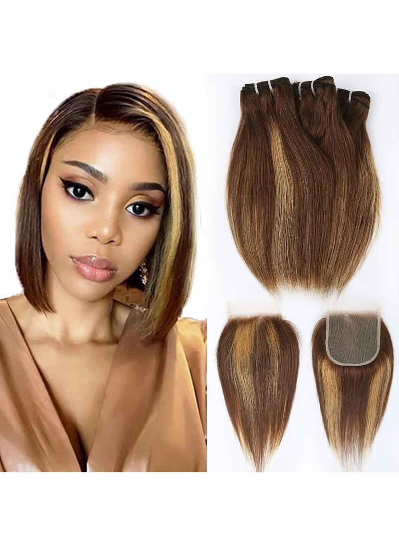 FQ FQ 427 Highlight Bundles and Closure Straight P427 Human Hair Bundles with Closure10 10 1010 Brazilian Ombre Blonde Colored Short Bob Human Hair 3 Bundles with 4x4 Lace Closure 50gbundle 