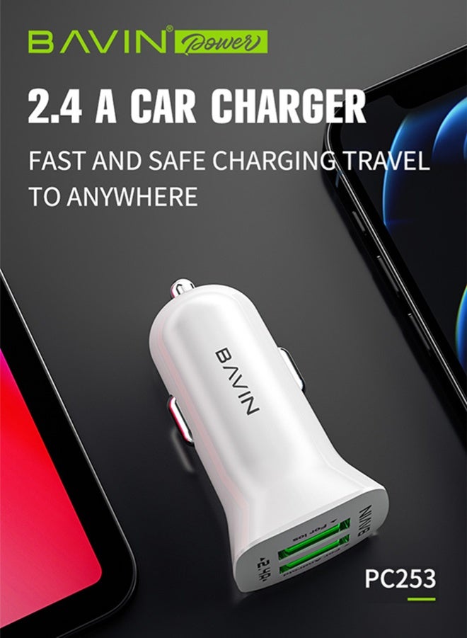 Bavin Dual Micro USB Port PD 2.4A Fast Charging Universal BSB Car Charger For Car and Vans. Adapter Compatible For iPhone Or Android Device and More. White - Image 2