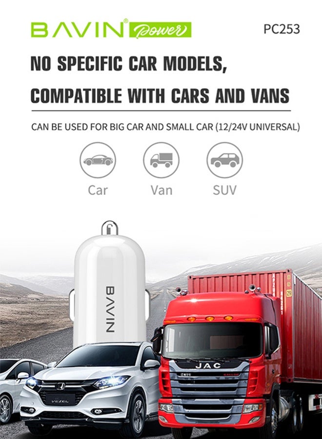 Bavin Dual Micro USB Port PD 2.4A Fast Charging Universal BSB Car Charger For Car and Vans. Adapter Compatible For iPhone Or Android Device and More. White - Image 3