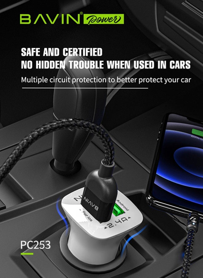 Bavin Dual Micro USB Port PD 2.4A Fast Charging Universal BSB Car Charger For Car and Vans. Adapter Compatible For iPhone Or Android Device and More. White - Image 4