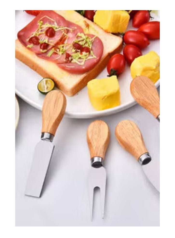 4 قطع سكين الجبن بمقبض خشبي فضي/بني - Image 3