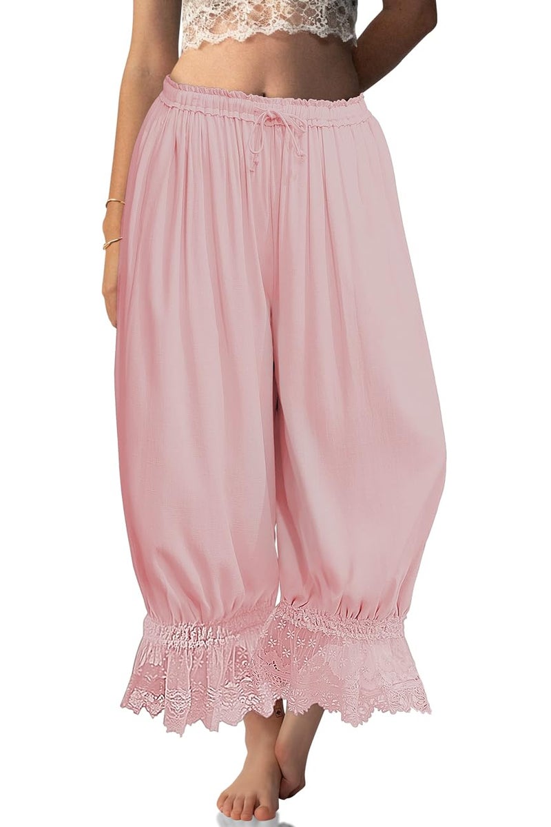 TARSE Women Linen Lace Trim Long Bloomers Pants Y2K Ruffle Victorian Vintage Pantaloons Summer Beach Travel Vacation Pants(PeachPink, L) - Image 1