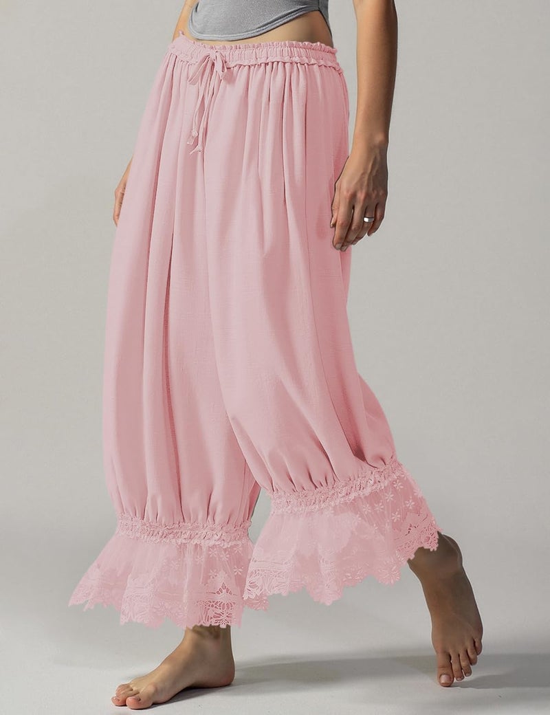 TARSE Women Linen Lace Trim Long Bloomers Pants Y2K Ruffle Victorian Vintage Pantaloons Summer Beach Travel Vacation Pants(PeachPink, L) - Image 5