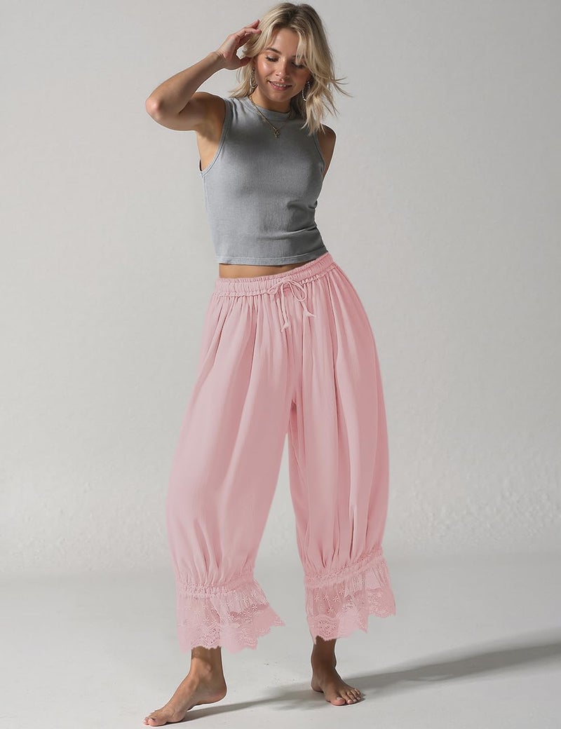 TARSE Women Linen Lace Trim Long Bloomers Pants Y2K Ruffle Victorian Vintage Pantaloons Summer Beach Travel Vacation Pants(PeachPink, L) - Image 4