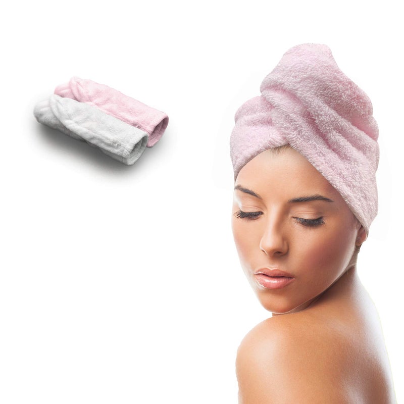 KEEPOZ Hair Towel Wrap Quick Dry 100 Cotton Super Absorbent Turban Head Wrap for Women with Button Non Microfiber Anti Frizz Hair Cap for Curly Long Thick Hair PinkWhite 2 Pcs